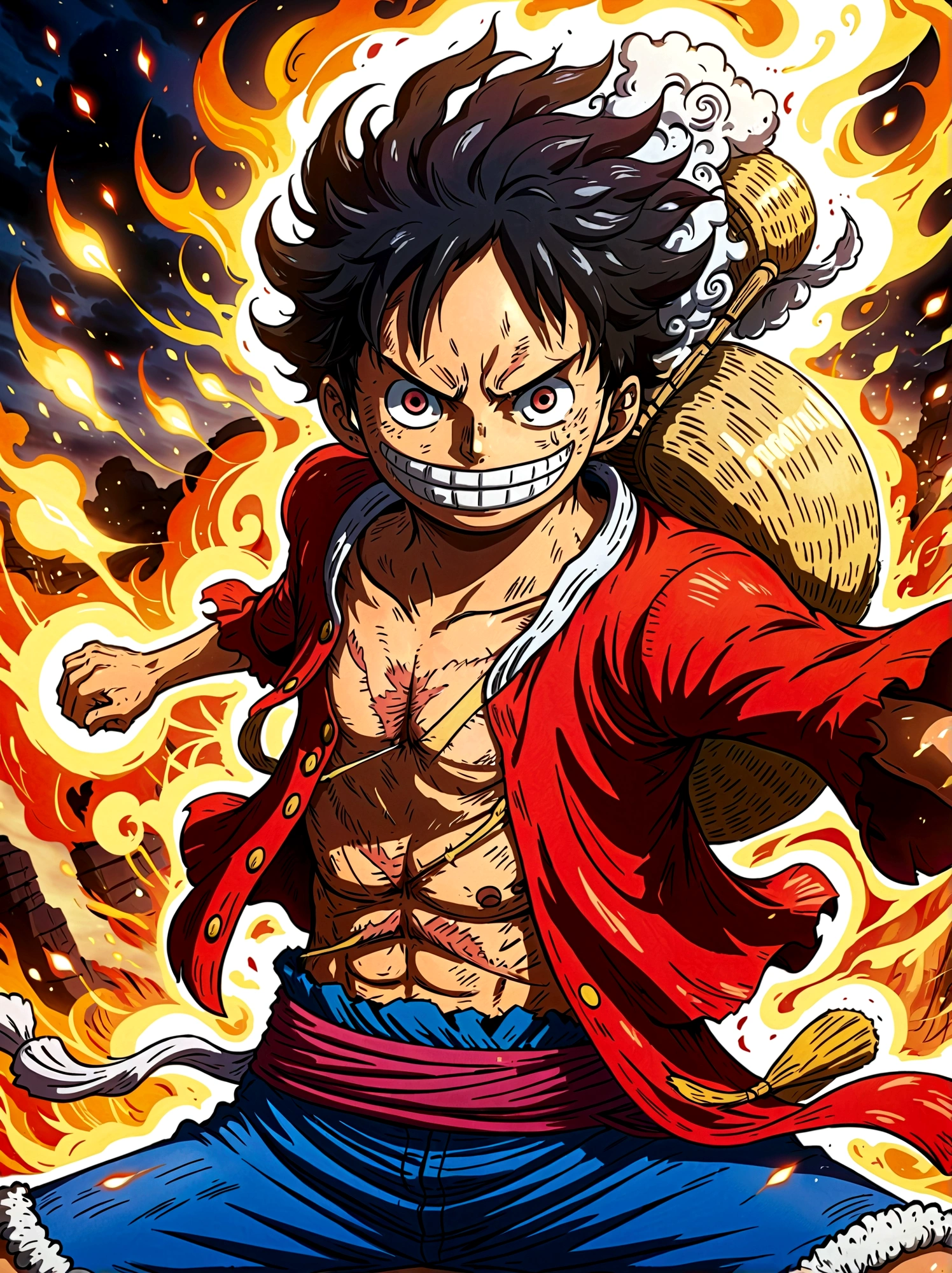 Create an exciting poster with Luffy from "one piece" em um ataque de raiva, wolf-headed. Capture the essence of his fiery determination and unyielding spirit as he unleashes his wrath on his enemies. Mantenha-o curto, ousado, e intenso para transmitir o poder bruto da raiva de Luffy, boy, anime