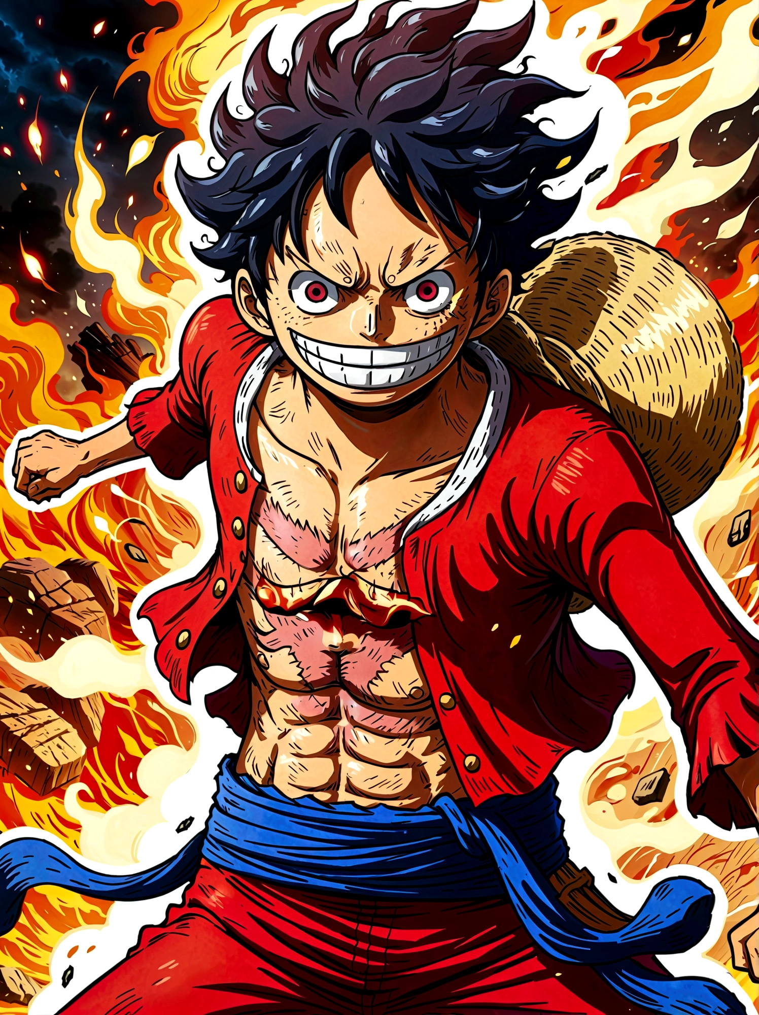 Create an exciting poster with Luffy from "one piece" em um ataque de raiva, wolf-headed. Capture the essence of his fiery determination and unyielding spirit as he unleashes his wrath on his enemies. Mantenha-o curto, ousado, e intenso para transmitir o poder bruto da raiva de Luffy, boy, anime