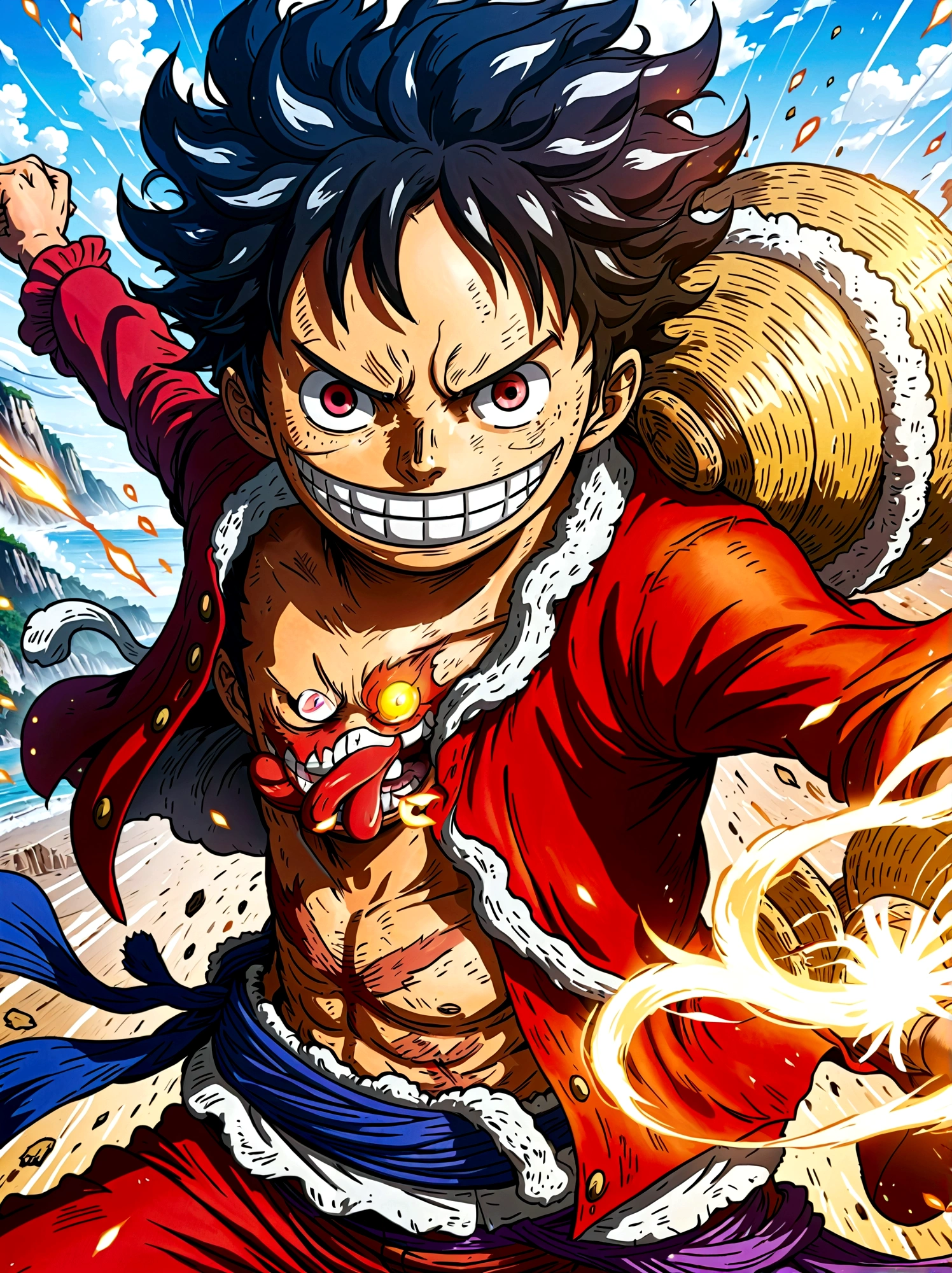 Create an exciting poster with Luffy from "one piece" em um ataque de raiva, wolf-headed. Capture the essence of his fiery determination and unyielding spirit as he unleashes his wrath on his enemies. Mantenha-o curto, ousado, e intenso para transmitir o poder bruto da raiva de Luffy, boy, anime