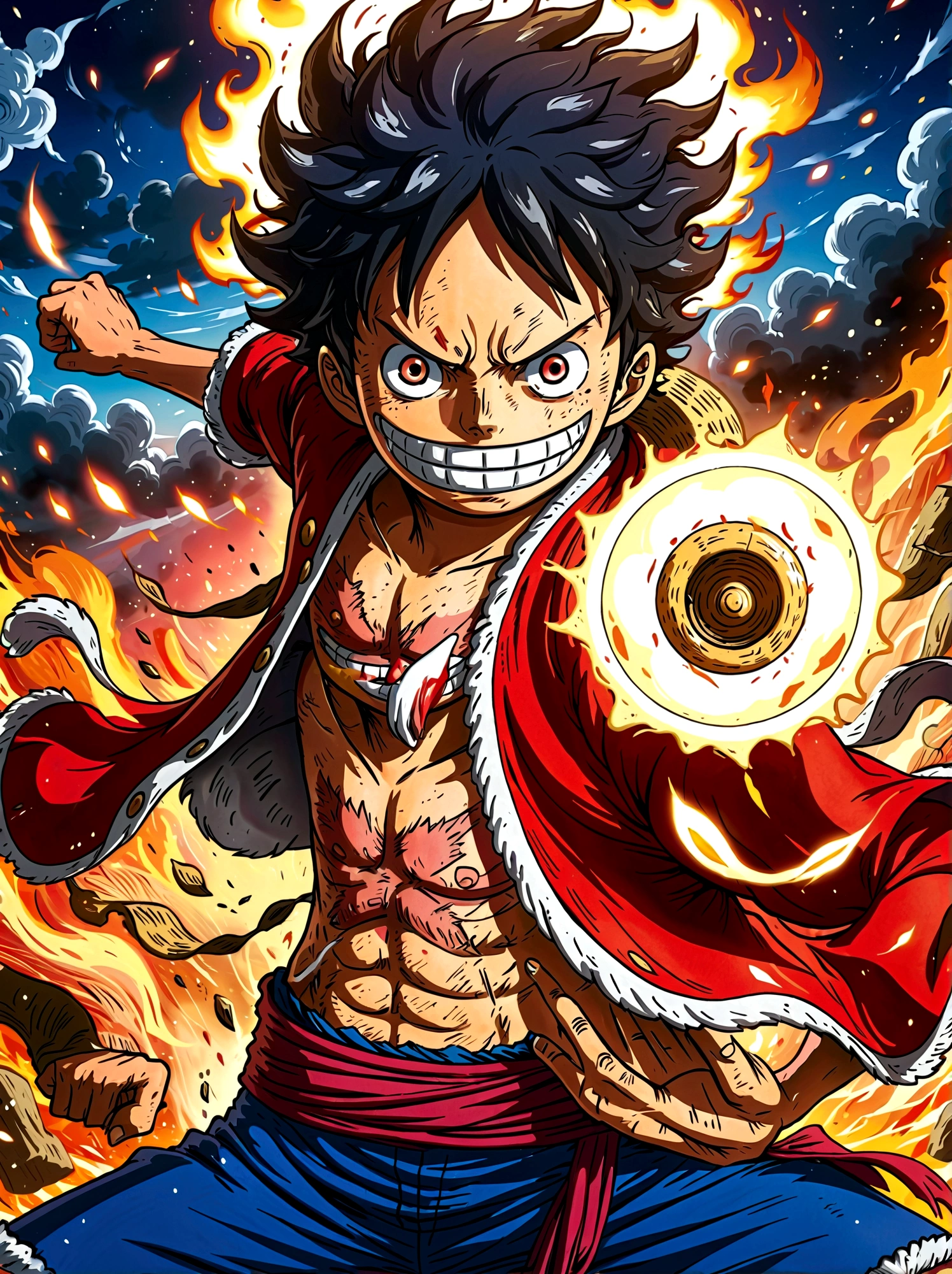 Create an exciting poster with Luffy from "one piece" em um ataque de raiva, wolf-headed. Capture the essence of his fiery determination and unyielding spirit as he unleashes his wrath on his enemies. Mantenha-o curto, ousado, e intenso para transmitir o poder bruto da raiva de Luffy, boy, anime