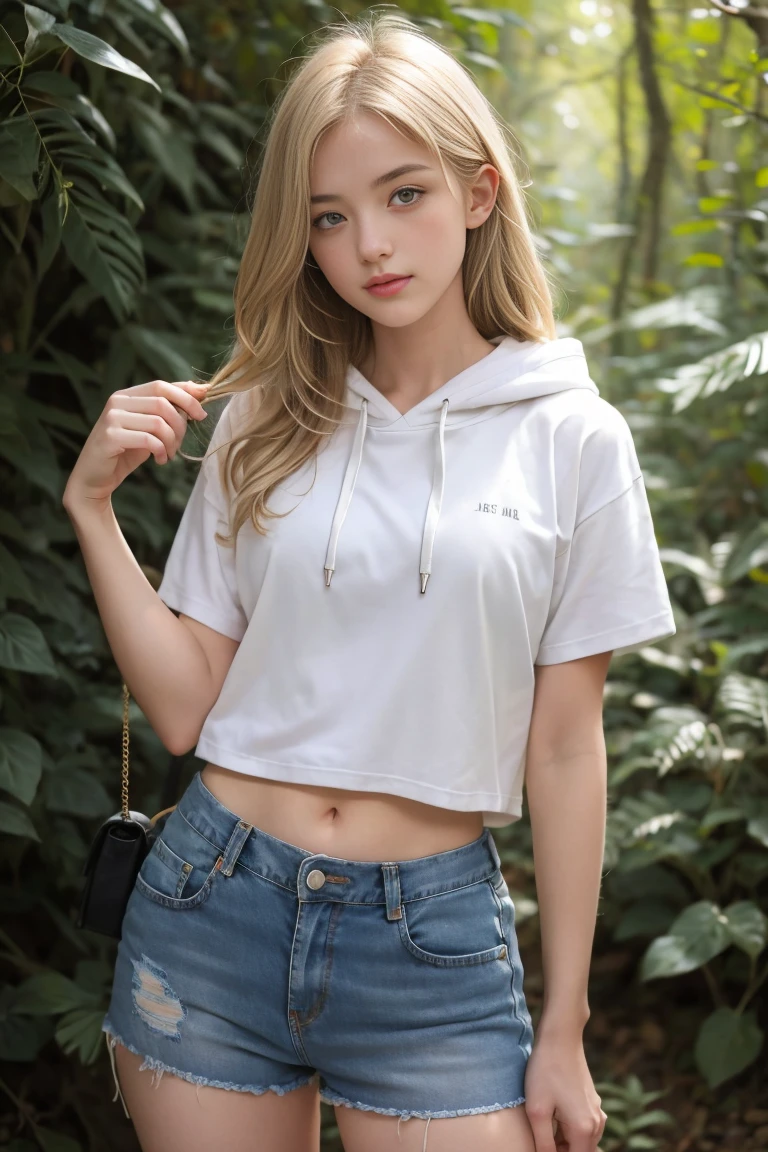 deux femmes blonde ensemble sexy et mince de 18 ans , dans la forêt , short sleeve hoodie et short en jean , position sexy , position sensuelle, se touche ,