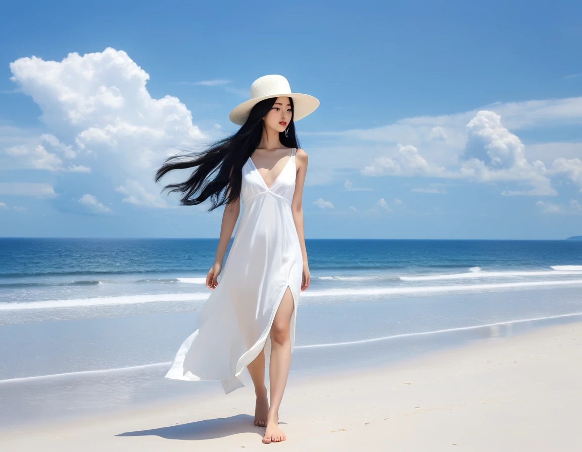 Fine white sand beach,An oriental girl with flying long hair,long black hair,Wearing a hat to reveal half of the face.Real person presents minimalist style .White thin shoulder V-neck low-cut dress,Looking towards the sea,barefoot.Full body picture,Blue sky and white clouds,Facing the sea with small waves,