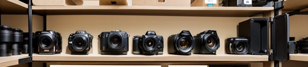 Cameras and lenses on shelves for listing on EC sites. Japanese men and women taking photos and packing them.