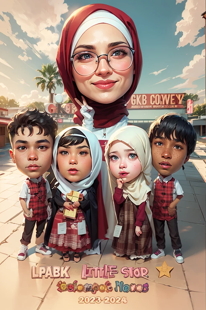 cartoon of a hijab woman with Two white hijab girls and 2 boys, wearing uniforms, Maroon checkered children's uniform, caricature illustration, digital art cartoon, caricature style, in cartoon style, cartoon artstyle, caricature, cartoon digital art, inspired by JoWOnder, cartoon portrait, potrait, caricature!!!, teacher, by Abidin Dino, inspired by Nil Gleyen, cartoon digital painting, full protrait
