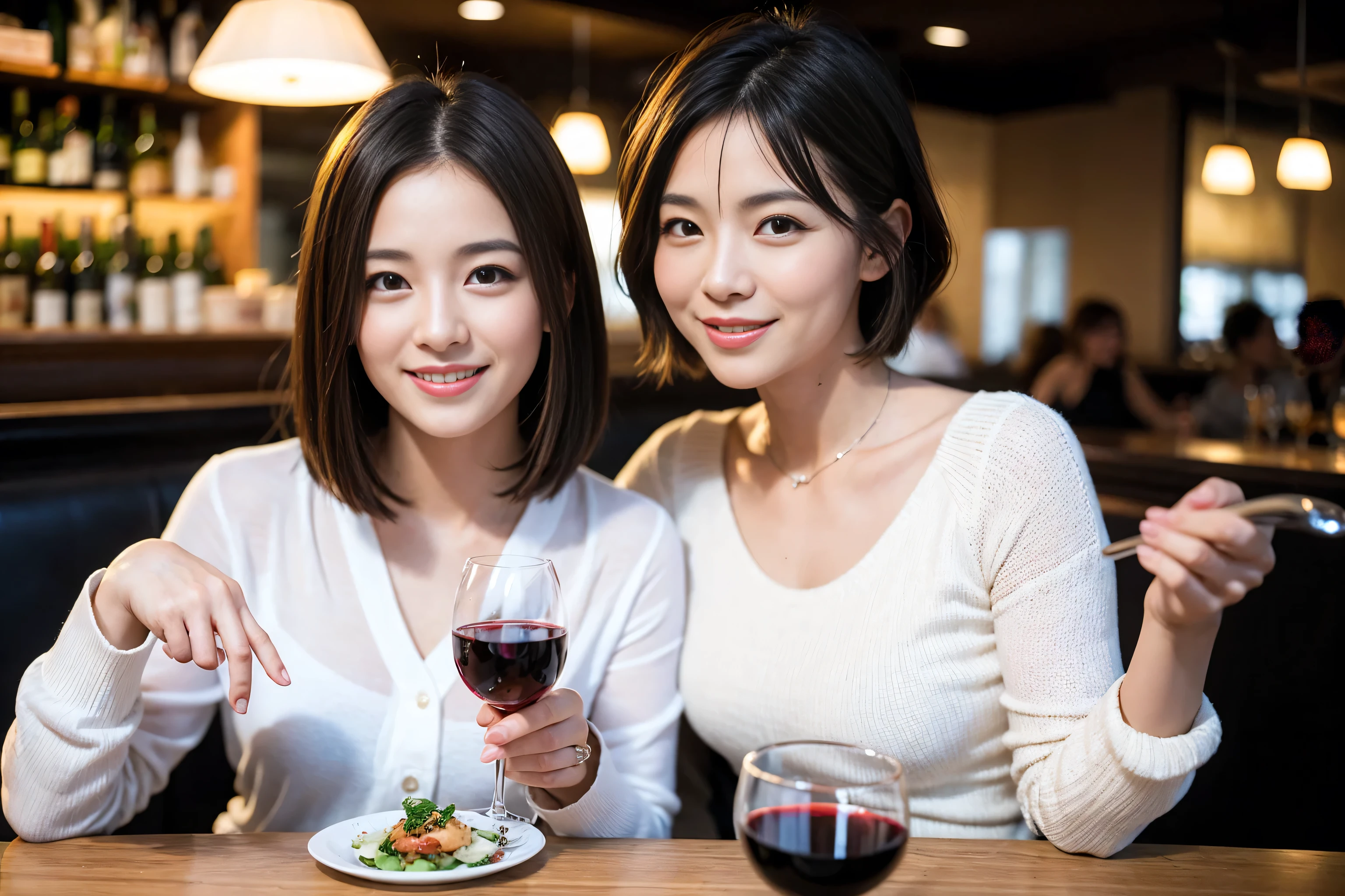 ((highest quality、8k、masterpiece:1.3))、1 male、1 female、spouse、I really like it、Beautiful couple、The body is slim、Wine glass on the table、Facial lighting、full-course dinner、 Amazing view of the sunset sky and clouds、A bright smile、The wonderfulness of smile、Bright image、Beautiful Face, short hair,Bright Face、 (43 years old), 39 years old, red wine 、Appetizers、Italian food、Wine bottle、Champagne、sparkling wine、Two beauties、Brown Hair、Shortcuts、Long sleeve shirt、dress、Pretty Woman 1, (Slim face), (The body is slim), (Brown Hair), (Shortcuts), cheeks turn a little red,Attractive beauty、restaurant, In a prominent place (From the waist up) Nova Frog Style, actress, model, Upper Body, White wine, slim, wine glass, A wine glass placed in the center, smile, (smile: 1.15), Beautiful fine grain, Depth f/2,saturation, High Contrast, Strong light and shadow,Moist Body:1.5、3D texture、Delicate eyes、Brown Hair、The hair is very shiny、