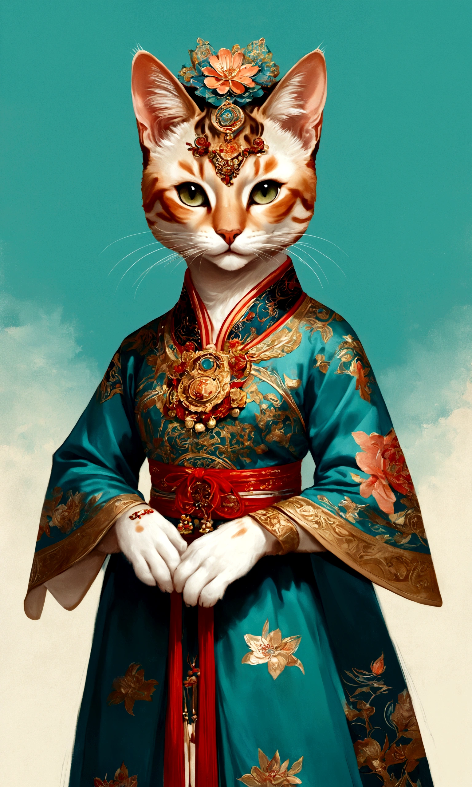 (highly accurate drawing in every detail)(extremely precise representation)upper body,,ancient asia vibe, a stunning hanfu oriental cat(with all cat specific bodyparts) dressed in georgeous hanfu dress with sacred geometric patterns and hair with big flower hanfu headpiece.big eyes, high quality linework,plain background,1 line drawing,burma cat, singapura cat, flat turquoise-blueish-green asia background