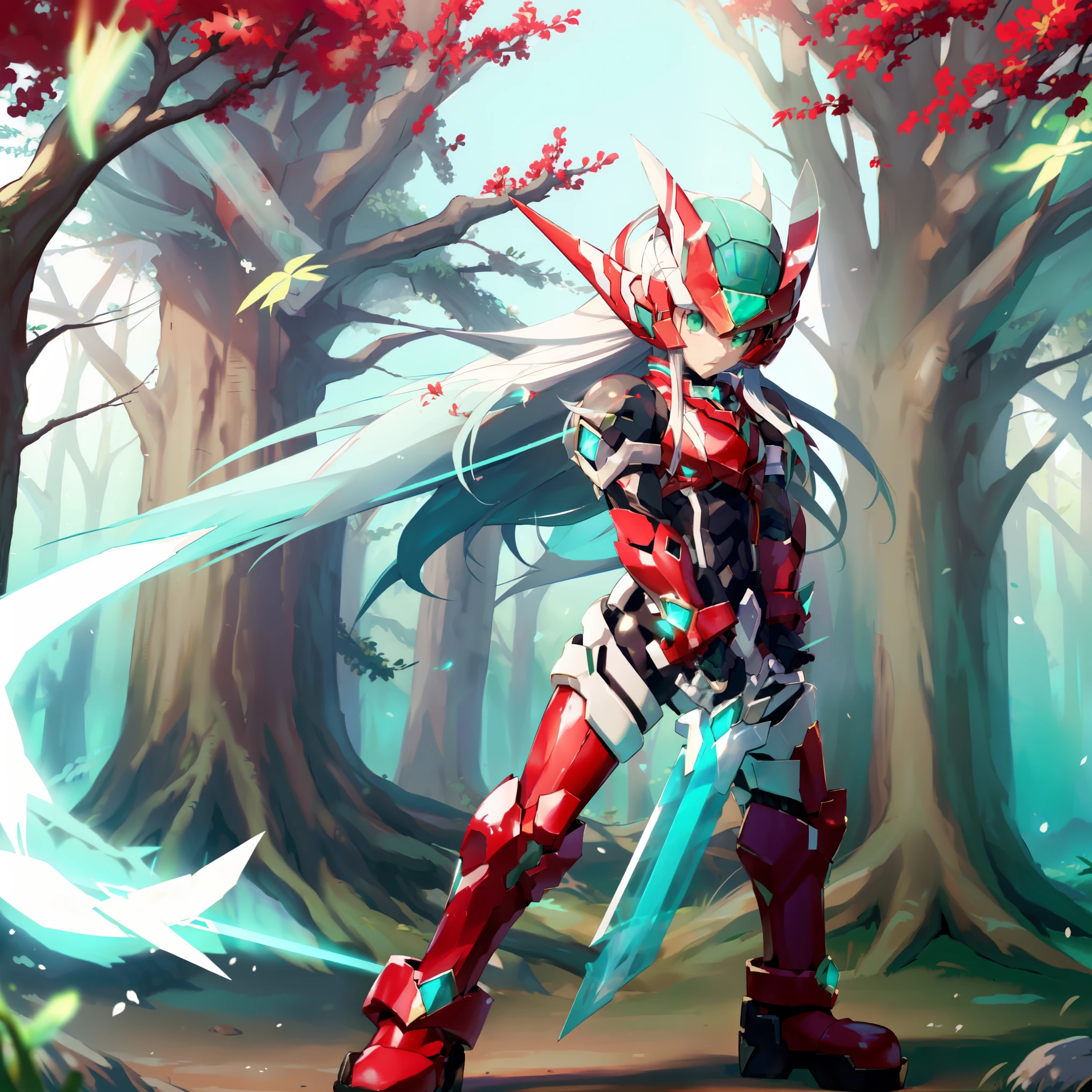 megzeromyth2023, 1boy, long white hair, red armor, green energy sword, high quality, masterpiece, standing with green flames coming from a tree