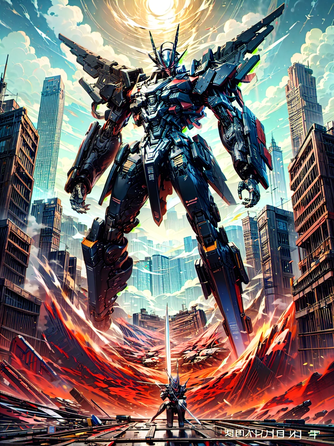 In a sci-fi style city, a Chinese swordsman,Black Fragmented Hair,stands on the rooftop of a tall building,wielding a black straight sword,dressed in modern black clothing, gazing at,mechas,terrifying monsters with flesh and blood,soaring in the clouds,leaving the world in ruins
Behind the scenes perspective
(painting),(illustration),{beat quality}