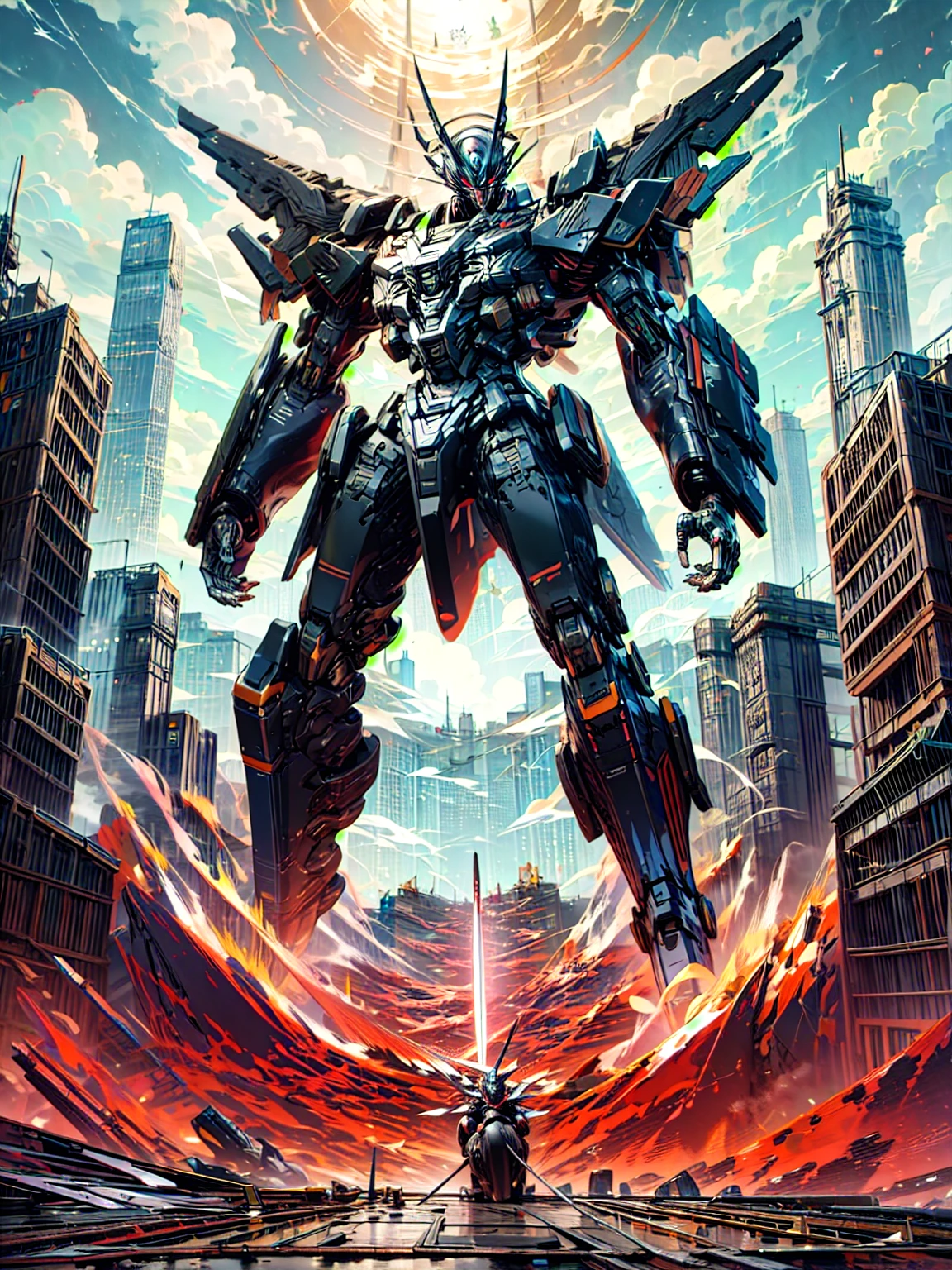 In a sci-fi style city, a Chinese swordsman，Black Fragmented Hair，stands on the rooftop of a tall building，wielding a black straight sword，dressed in modern black clothing, gazing at，mechas，terrifying monsters with flesh and blood，soaring in the clouds，leaving the world in ruins
Behind the scenes perspective
(painting)，(illustration)，{beat quality}