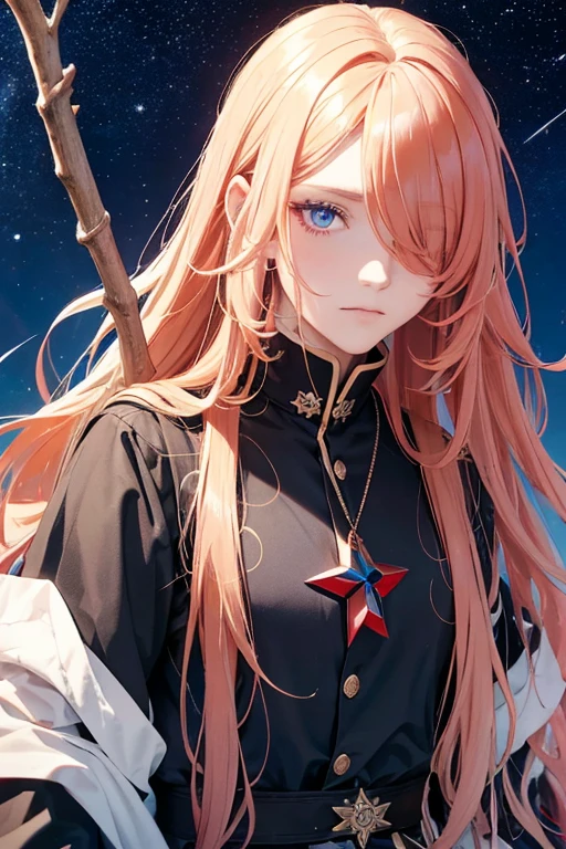 A guy with long curly red hair and blond tips on them. Bangs cover one eye. The eyes have a blue color and pupils in the form of stars. There is a tattoo in the form of a black pointed star on the eye. blue loose-fitting clothes with white decorations. A twig on the hair.