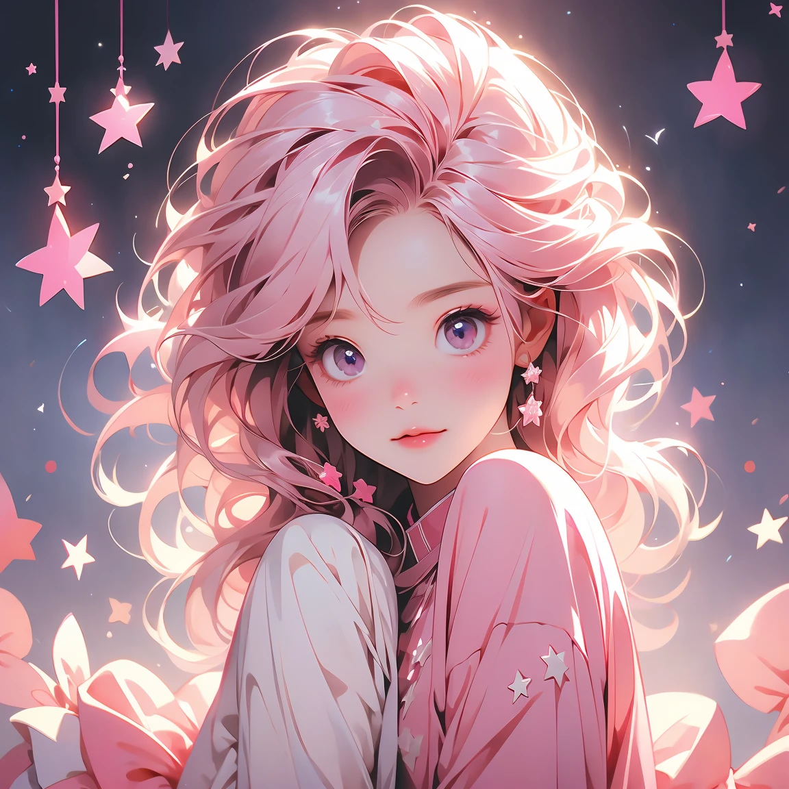 pink，Star，Pentagram，Lucky girl，pink背景为主体，Hair smoothness，Hair with softness，Warmth，optimistic and cheerful ，Positive