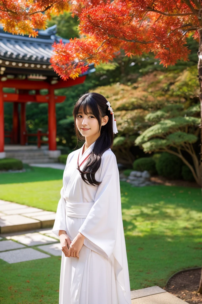 Red Hakama、Main hall of the shrine,Shrine maiden,((full body)),((photo)),((best qualtiy, 8K, tmasterpiece:1.3)), Focus:1.2, perfect figure beautiful girl:1.4,1girl,cowboy shot,look at viewer,incredibly absurd, beautiful and cute girl with a photorealistic face, showcasing top-quality craftsmanship, Japanese girl sweeping the garden at the shrine,17 years old,Her hair is half-up with smooth curls, glossy jet black long hair,Gentle features,Big deep brown eyes,Small face,Fair skin,Translucent,Smooth and silky skin,Natural eyebrow shape,Thin lips,Soft smile,, delicate,Well-balanced proportions,B cup small breasts,Simple and elegant shrine maiden costume,White robe and red hakama,,Beautiful girl,Clean,Healing,Moe,Elegant manners,Kind,Tolerant,Humble,Sincere,Deep faith,January