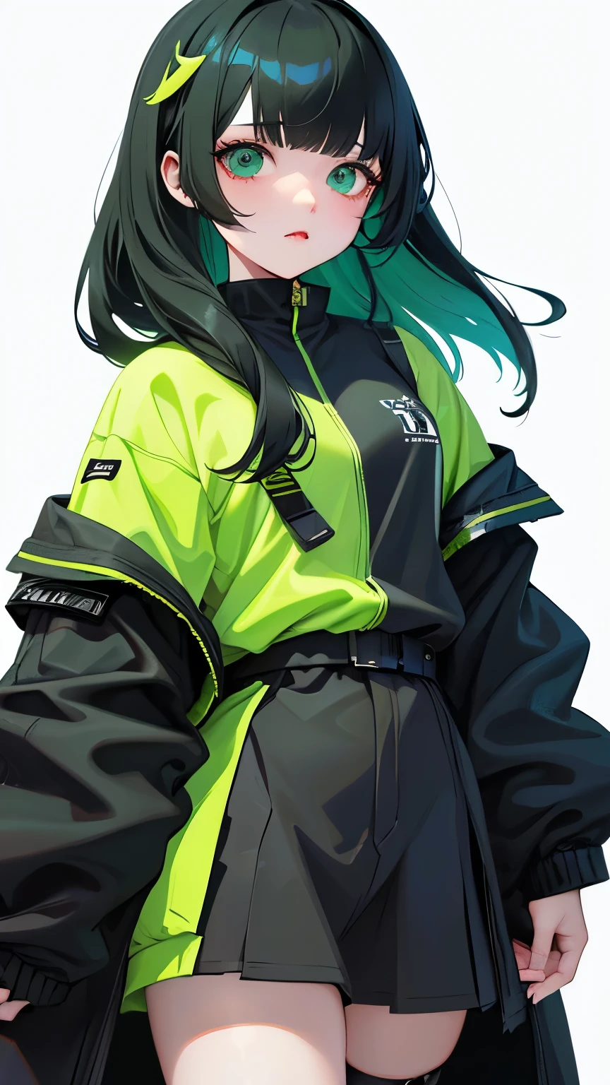 masterpiece、White Background、18-year-old female、Black and green hair girl、Casual attire such as a black or green jacket、Black-haired、Waist-length hair、Character setting diagram、The tips of the hair are golden、