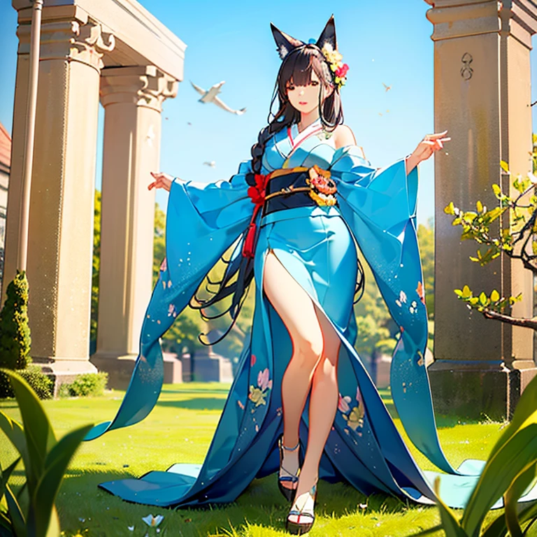 One Girl, Fox Girl, Nine-Tailed Fox,Fox Ears, Black colored hair, Fox Makeup, Kimono with open chest, Body size is 100-70-90!, Nice body, Avatar, face, Open chest, lewd face, Dominant representation, naughty face, Big Breasts, Emphasize cleavage,Show bare skin, Skin is visible, With legs apart, Show off your thighs, M-shaped legs, A beautifully patterned kimono,Red and black flowing water pattern kimono, I can see her cleavage, Muscular, Uplifting, Abdominal muscles, Exposed skin, Long Hair, Skin Texture, Soft breasts, Large Breasts, Standing in a grassy field, outside, Blue sky,Composition facing directly ahead, Grab your breasts with both hands, Fingers digging into breasts, Developmental atmosphere, god mysterious painting