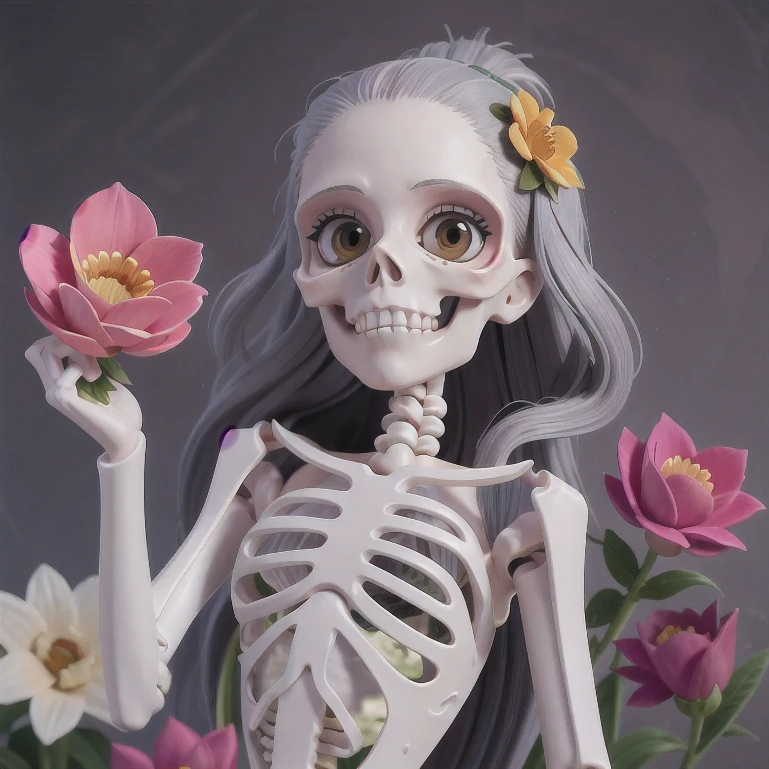 skeleton with flower in hair standing against grey background, anatomically correct skeleton, skeleton girl, skeleton, skelleton, skeletal, half woman half skeleton, anatomically accurate skeleton, thin skeleton, skull bones flowers, fleshy skeletal, titanium skeleton, cute skeleton, fleshy skeletal body, flowers grow from the body, human skeleton, female death, highly detailed skeleton