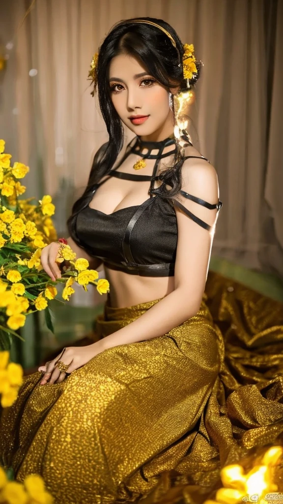 full body shot, full body, best quality,32k high res, masterpiece, ultra-detailed, realistic,photorealistic,photo-realistic:1.37, beautiful face, cute face mesh, pretty face mesh, sharpen, detailed face, detailed eyes, detailed lips, fair skin, realistic textures:1.3, detailed skin texture, cinematic shot, atmospheric lighting, Photorealistic, Hyperrealistic, Hyperdetailed, detailed saturated skin, soft lighting, subsurface scattering, centre composition, 8k, golden ratio, Intricate, award winning photography, soft focus, dynamic abstract background, 20 years old, beautiful Indian babe:1.1, realistic full body beautiful indian woman in a bed of flowers in saree, yellow with black flowers on it perky breasts, cleavage, moist cloud.