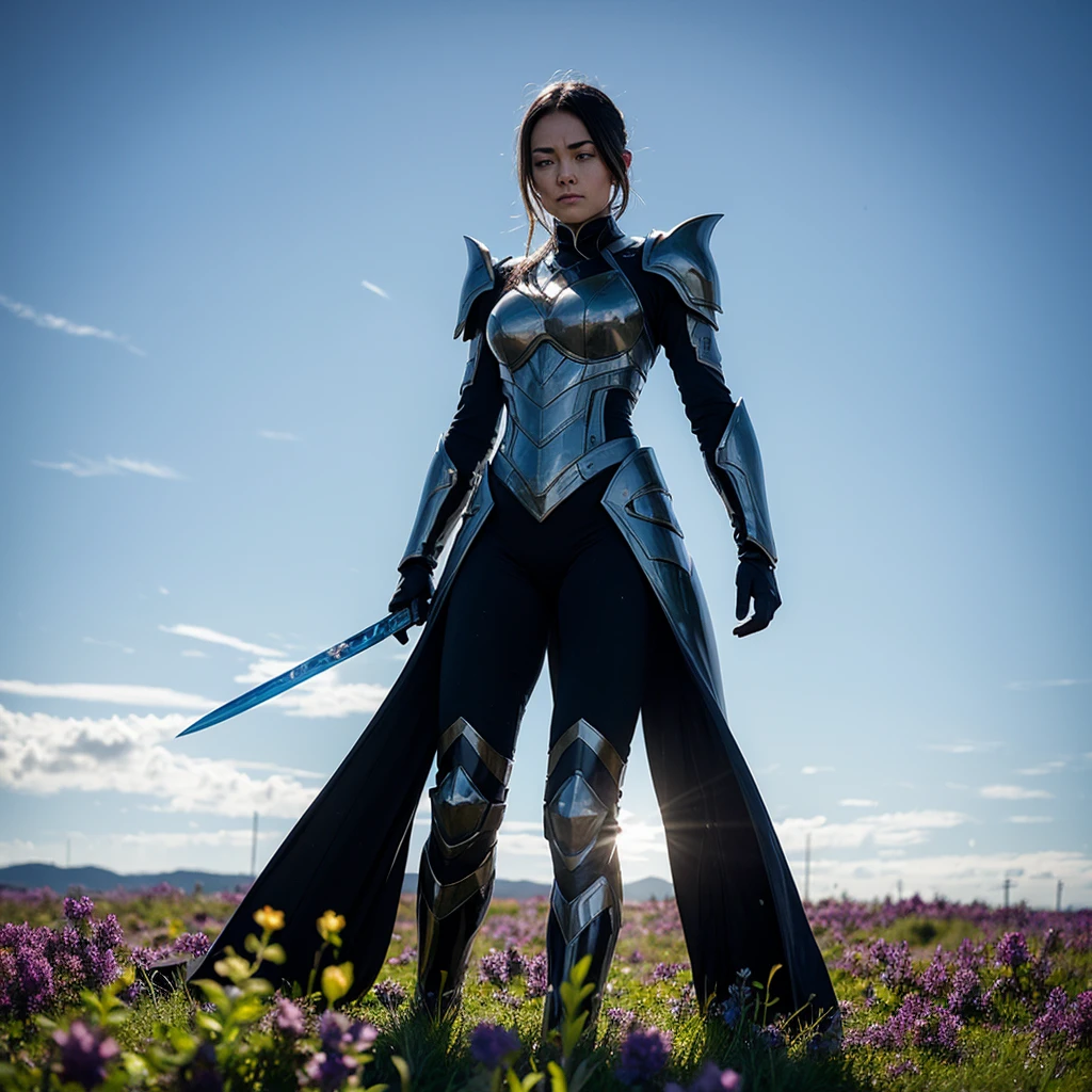 Describe a scene where a figure in full black futuristic armor stands in the middle of a vast flower field. The armor is sleek and high-tech, with glowing blue accents. The figure has just thrust a large, two-handed energy sword into the ground. The field is filled with a variety of colorful flowers, and the sky above is clear with the sun shining brightly. The armor reflects the sunlight, creating a stark contrast with the vibrant flowers around them. The figure's stance is strong and resolute, and the atmosphere is a mix of serenity and tension. close up