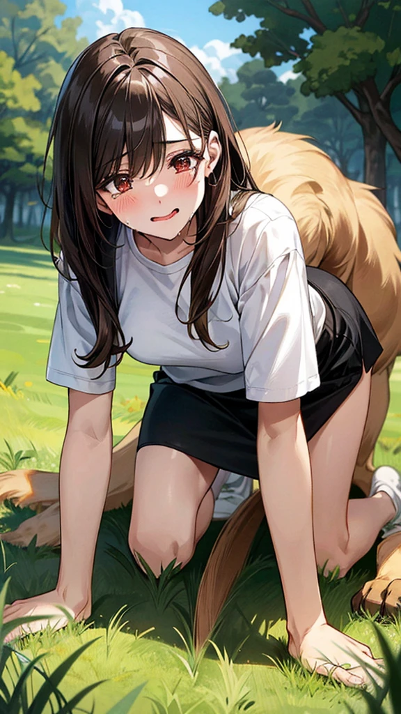 Masterpiece, top quality, highest definition, one adult female, slit eyes, dark hair, one length, brown eyes, model like, beautiful, perfect proportions. Shirt, mini tight skirt. She is on all fours in a grassy field. A large dog is mounted on her back, and she and the large dog are mating. The dog is holding the woman's back.
The woman's face is bright red and flushed, her mouth open and both eyes closed,
She looks like she is crying.