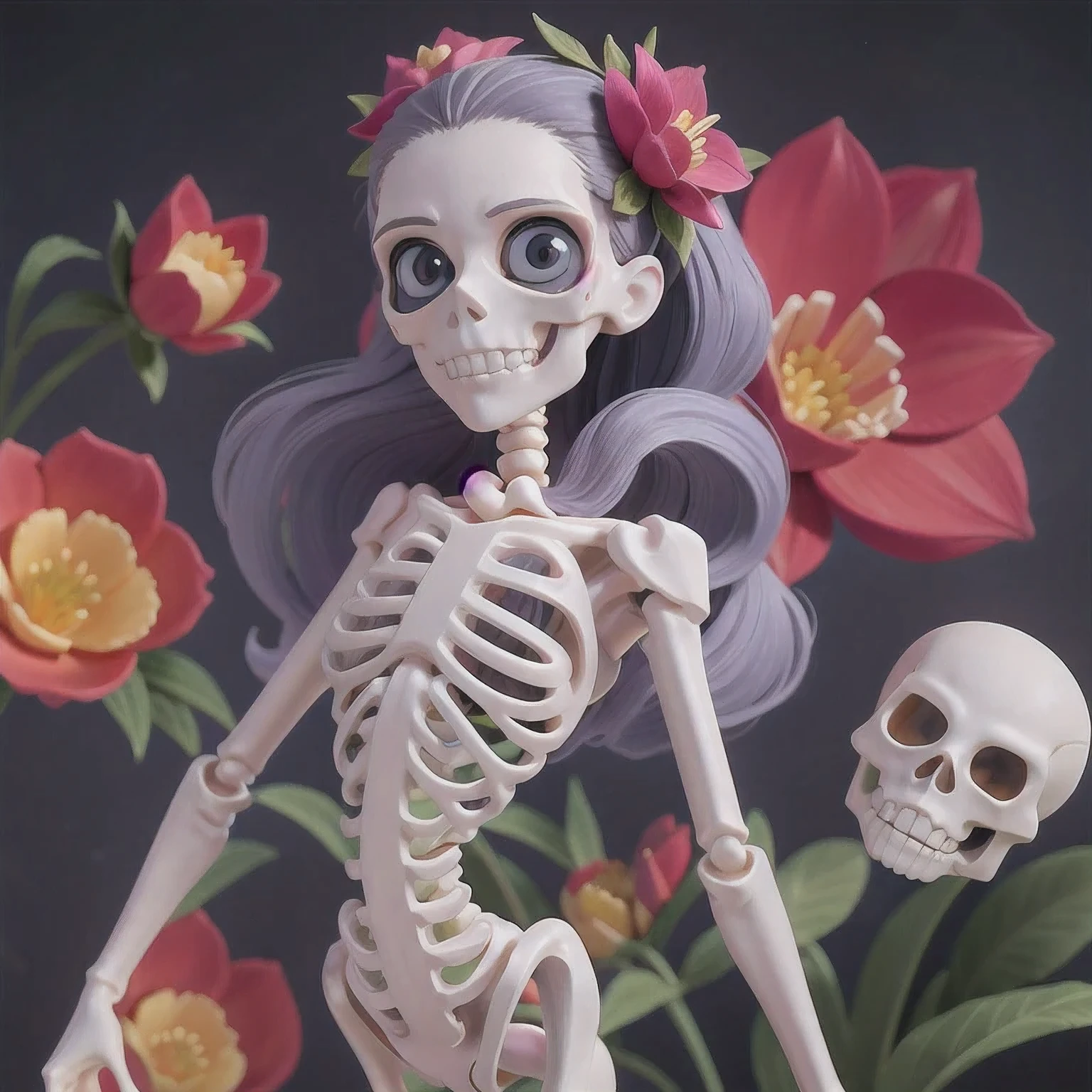 skeleton with flower in hair standing against grey background, anatomically correct skeleton, skeleton girl, skeleton, skelleton, skeletal, half woman half skeleton, anatomically accurate skeleton, thin skeleton, skull bones flowers, fleshy skeletal, titanium skeleton, cute skeleton, fleshy skeletal body, flowers grow from the body, human skeleton, female death, highly detailed skeleton