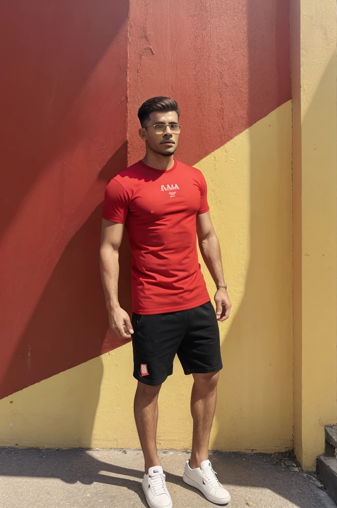 A man wearing a red T-shirt is standing in front of a yellow wall