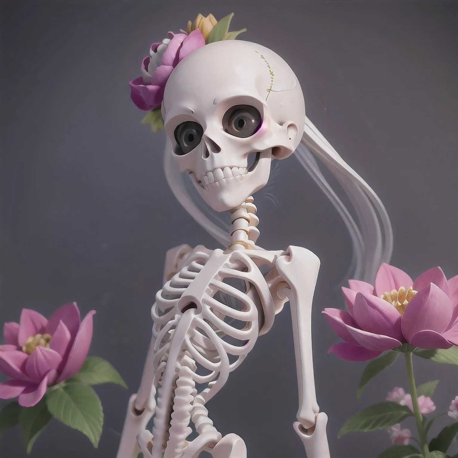 skeleton with flower in hair standing against grey background, anatomically correct skeleton, skeleton girl, skeleton, skelleton, skeletal, half woman half skeleton, anatomically accurate skeleton, thin skeleton, skull bones flowers, fleshy skeletal, titanium skeleton, cute skeleton, fleshy skeletal body, flowers grow from the body, human skeleton, female death, highly detailed skeleton