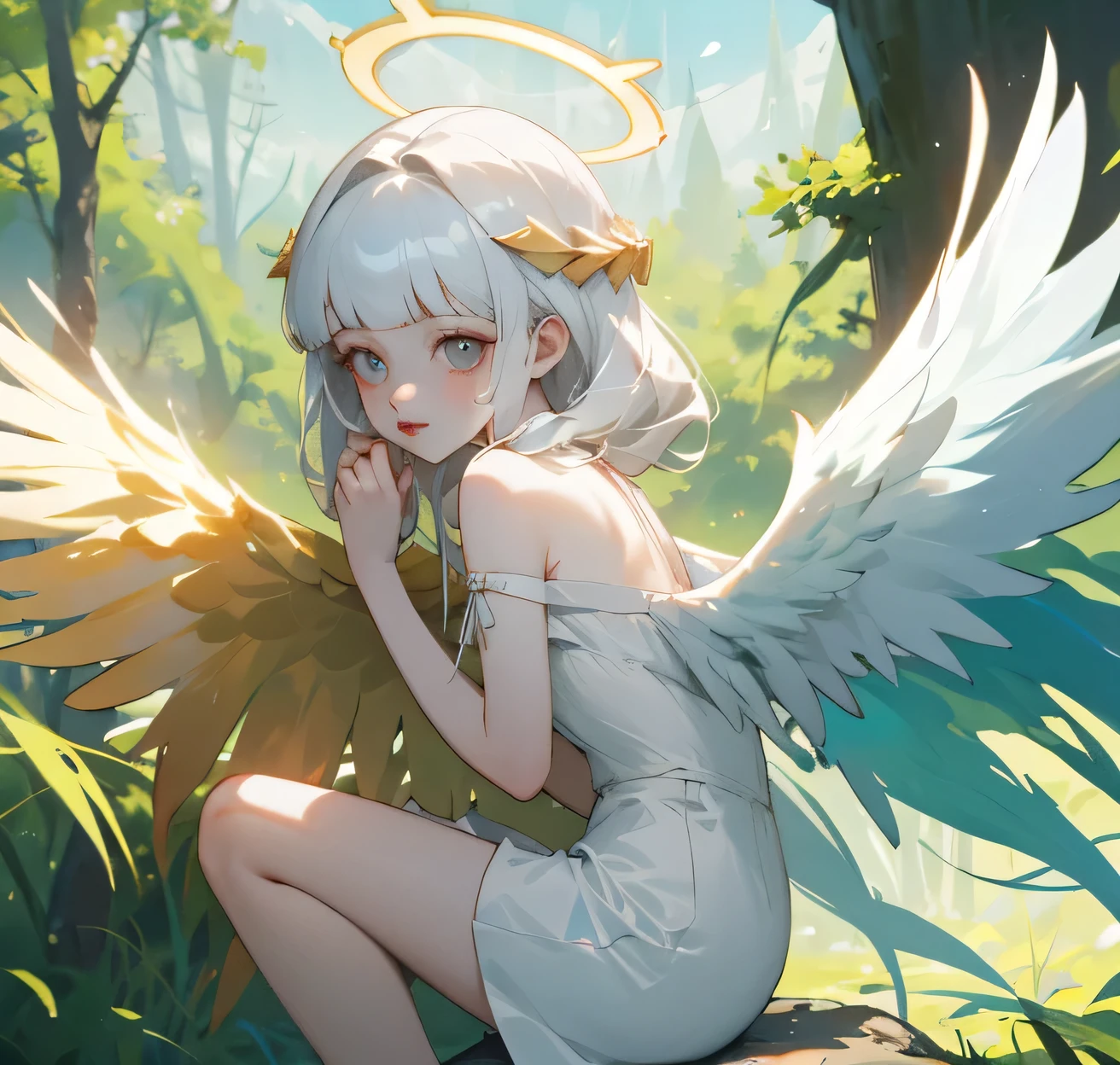 (high quality) (best quality) (a woman) (correct physiognomy) Woman, white hair with bangs on her forehead, four small angel wings coming out of her head, two on the left side and two on the right side, two angel wings coming out of her back, a golden halo behind her head, golden eyes, tender lips, middle age, white dress with straps on the shoulders, skirt cut diagonally leaving one leg exposed, location of the photo the woman must be in middle of the forest, photo lighting sunlight, full body proportion, showing in the photo the body from head to torso