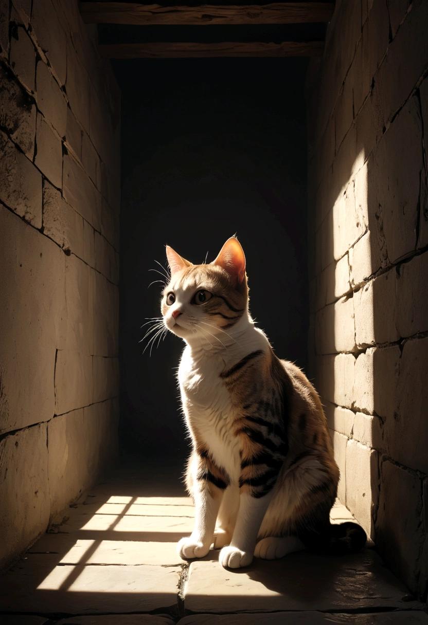 (AI-generated images at their full potential)(Ultra high definition)Slow motion、8K video(Cat trapped in soul prison)((dark牢獄の猫)(dark中世の牢獄)Wall shadows(15th century France)(Rembrandt's Light)(Medieval Europe)、(Lots of white space)(Optics 1:Minimum 3)、PhotoReactive、dark、Deep Shadow、moderate、