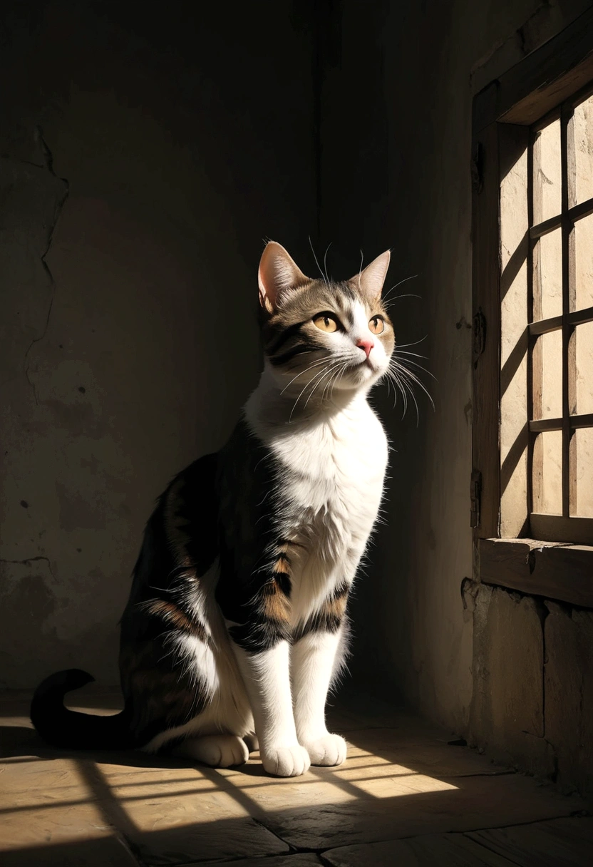 (AI-generated images at their full potential)(Ultra high definition)Slow motion、8K video(Cat trapped in soul prison)((dark牢獄の猫)(dark中世の牢獄)Wall shadows(15th century France)(Rembrandt's Light)(Medieval Europe)、(Lots of white space)(Optics 1:Minimum 3)、PhotoReactive、dark、Deep Shadow、moderate、