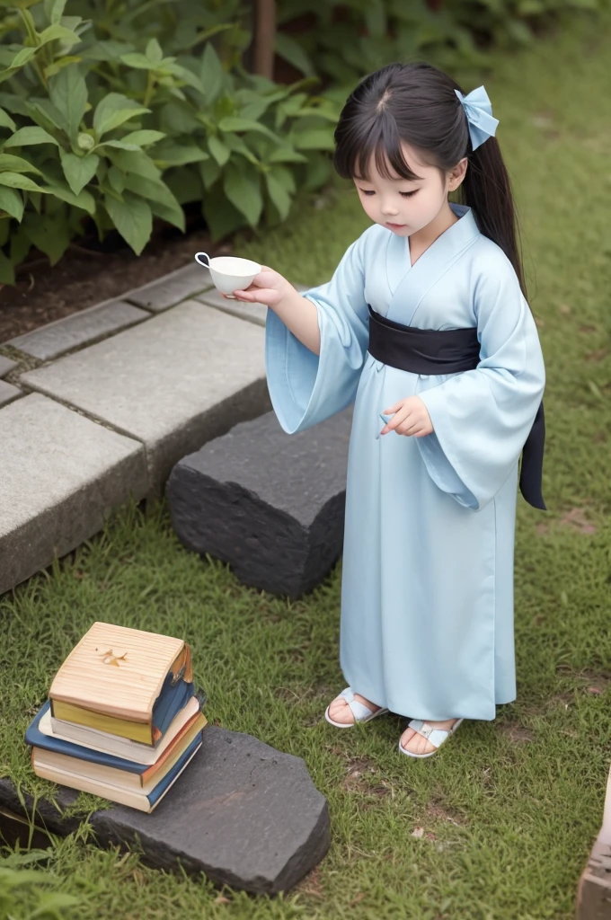 Fairy tale figure by Reiko Ikemura, Pixabay, Simple Art, full color figure, cute fairy tale figure, picture book figure, figure, A girl picking tea in the style of Hayao Miyazaki, on site, kimono, kimono  