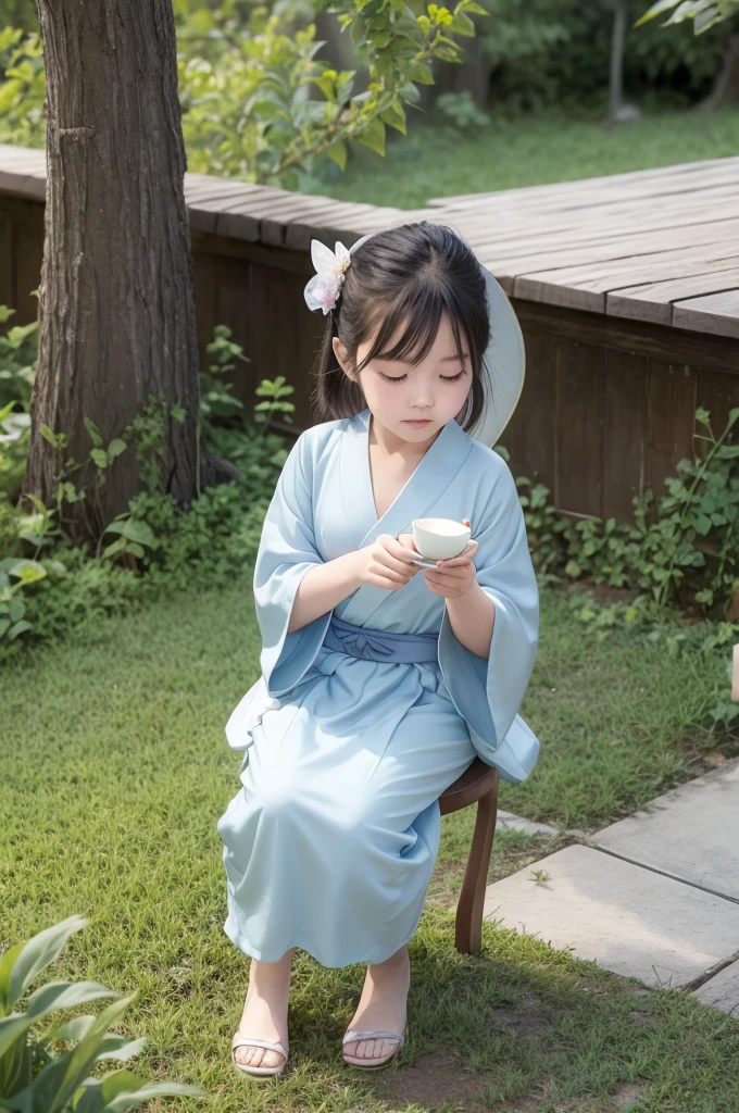 Fairy tale figure by Reiko Ikemura, Pixabay, Simple Art, full color figure, cute fairy tale figure, picture book figure, figure, A girl picking tea in the style of Hayao Miyazaki, on site, kimono, kimono