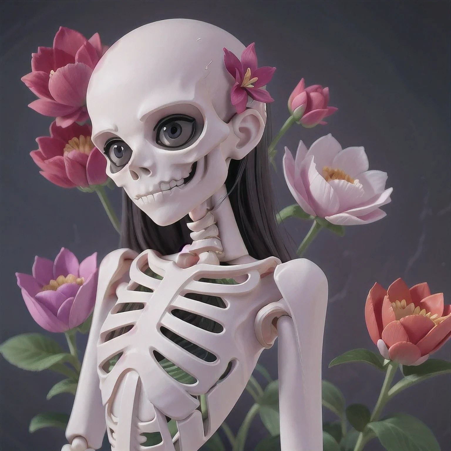 skeleton with flower in hair standing against grey background, anatomically correct skeleton, skeleton girl, skeleton, skelleton, skeletal, half woman half skeleton, anatomically accurate skeleton, thin skeleton, skull bones flowers, fleshy skeletal, titanium skeleton, cute skeleton, fleshy skeletal body, flowers grow from the body, human skeleton, female death, highly detailed skeleton