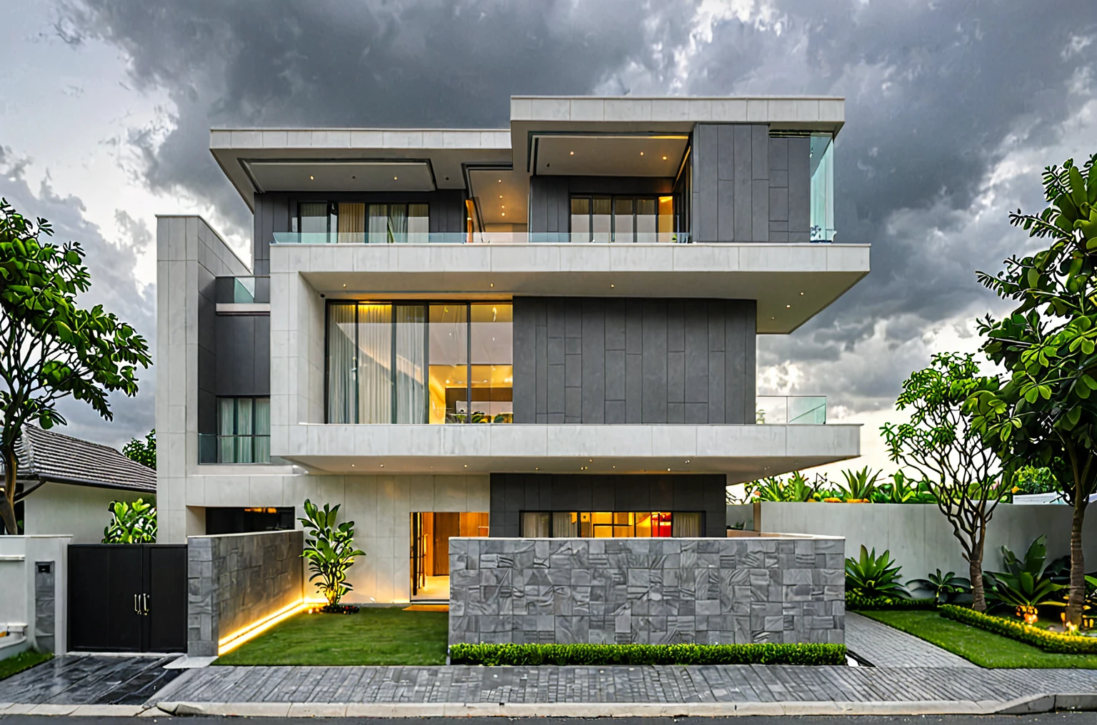 modern villa on street, (overcast lighting:1.2), tropical tree, vivid color, curve wall, streetcapes, nice sky, grey and wwhite tone, (large glass door:1.2), warm interior lighting, modern material, best quality, ultra realistic, masterpiece, 17ArchiAI_XL_VL-v1