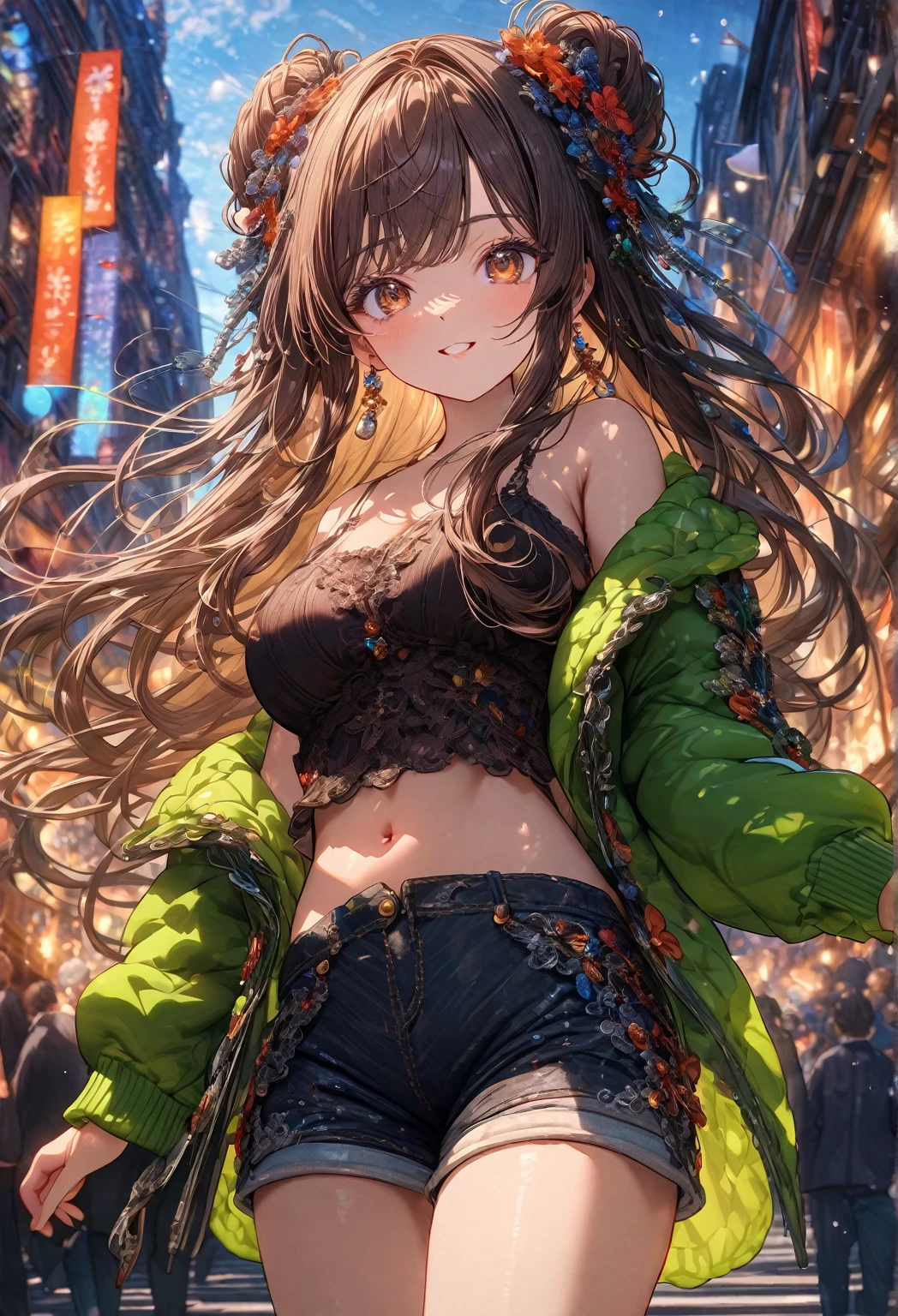 ((masterpiece:0), best quality, very aesthetic, newest, absurdres, detailed, high quality)
BREAK
highest quality, top quality, details, highres, ultra fine painting, digital art, official art, cinematic, 4k, 8k resolution, 8K CG wallpaper, CG, original artwork, detailed background, colorful background, blue atmosphere, High Dynamic Range, blurry background, blue hour, Starburst effects, crepuscular rays, good ISO, high resolution, wide shot, from far away, RAW photo, POV, sharp focus, light reflection, reflections, intricate details, soft light, particle noise, professional photography, bokeh, depth of field, natural lighting, vibrant colors, looking away, detailed lights and shadows, stylish, ultra-detailed, Pixiv, trending art, niji style, modern-days, master crafted, pose
BREAK
solo, 1girl, a girl, correct fingers, detailed skin, (medium big breasts:1.2), big thighs, short torso, short body, flushtered, happy expression, smile, casual, slim, ((cute, childlike face):1.3), nice hips, nice body, brown hair, (long flowing hair:1.1), big 2 buns hairstyle, long bangs, long hair, middle hair bangs, brown eyes
BREAK
(black string tank top, off shoulder open green hoodie, tummy skin:1.1, open unbuttoned shorts, many colors outfit ornaments)
BREAK
a close up of a person walking down a street with a crowd of people, crowded street, crowded streets, in front of a large crowd, giant crowd, girl walking through city, people walking down a street