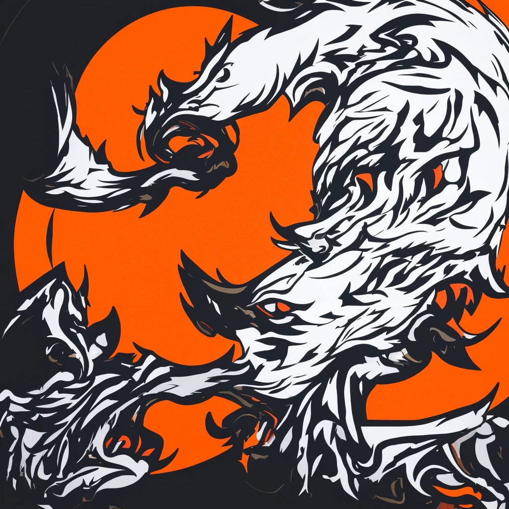 Round logo of three wolves, one of them howls on the moon which is orange colour, vector colours