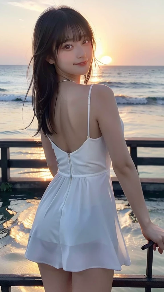 (top-quality,8K,masterpiece:1.3),(超A high resolution,Photorealsitic:1.4,RAW shooting),(ultra-detailliert,Caustics,perfect anatomia),(hyper detailed background,Ultra-realistic capture,beautifully detailed eyes),Stand on the pier above the sea,turned around,Backshots,Looking at the camera,1 girl,japanes,20yr old,kawaii,smil,pretty black hair,Long hair fluttering in the wind,White Dress,BREAK,beautiful ocean,,at the sunset,Sunset sky,(Sunset over the horizon),Water surface reflecting the setting sun,Magic Hour,Back lighting,The dim,pale light