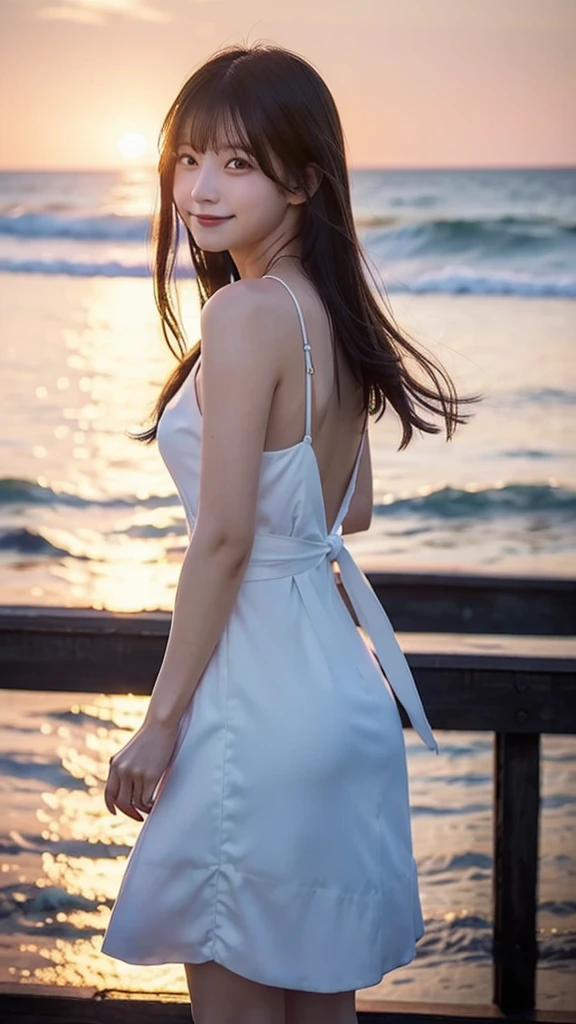 (top-quality,8K,masterpiece:1.3),(超A high resolution,Photorealsitic:1.4,RAW shooting),(ultra-detailliert,Caustics,perfect anatomia),(hyper detailed background,Ultra-realistic capture,beautifully detailed eyes),Stand on the pier above the sea,turned around,Backshots,Looking at the camera,1 girl,japanes,20yr old,kawaii,smil,pretty black hair,Long hair fluttering in the wind,White Dress,BREAK,beautiful ocean,,at the sunset,Sunset sky,(Sunset over the horizon),Water surface reflecting the setting sun,Magic Hour,Back lighting,The dim,pale light