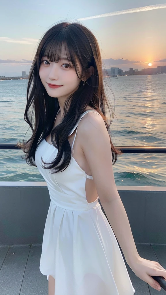 (top-quality,8K,masterpiece:1.3),(超A high resolution,Photorealsitic:1.4,RAW shooting),(ultra-detailliert,Caustics,perfect anatomia),(hyper detailed background,Ultra-realistic capture,beautifully detailed eyes),Stand on the pier above the sea,turned around,Backshots,Looking at the camera,1 girl,japanes,20yr old,kawaii,smil,pretty black hair,Long hair fluttering in the wind,White Dress,BREAK,beautiful ocean,,at the sunset,Sunset sky,(Sunset over the horizon),Water surface reflecting the setting sun,Magic Hour,Back lighting,The dim,pale light
