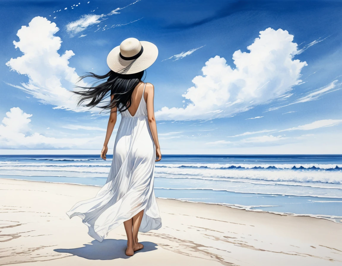 Transparent needle pen ink painting of fine white sand beach,An oriental girl with flying long hair,long black hair,Wearing a hat to reveal half of the face.Real person presents minimalist style .White thin shoulder V-neck low-cut dress,Looking towards the sea,barefoot.Full body picture,Blue sky and white clouds,Facing the sea with small waves,
