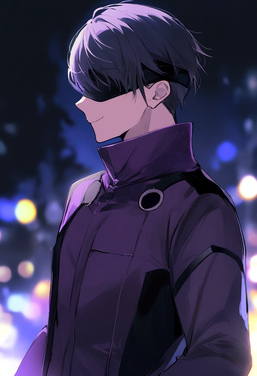 score_9, score_8_up, score_7_up, SatoruGojo, solo, smile, short hair, long sleeves, 1boy, closed mouth, jacket, upper body, male focus, blurry, night, blurry background, high collar, blindfold, covered eyes, black blindfold, purple jacket,sideview
