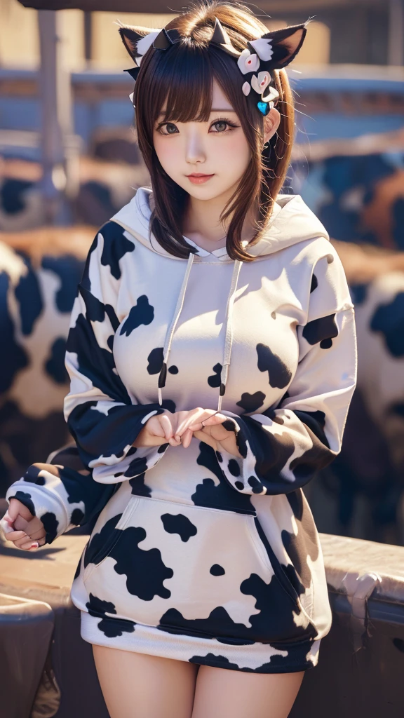 Masterpiece, bokeh, 4K, Beautiful high school girl, (Japanese idle:1.6), (cow pattern Hoodie:1.3), (Cat ears:1.3),  (Big cows:1.6), sundown rooftop