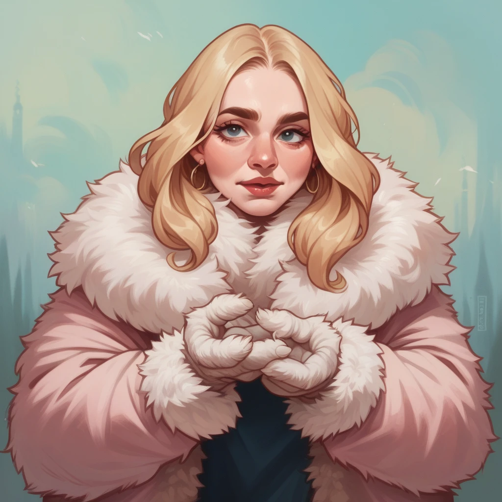 
hugely bearded woman to cheeks and neck, voluminous bob lob blonde hair, shaggy hairy hands, wears bling bling pink fur coat