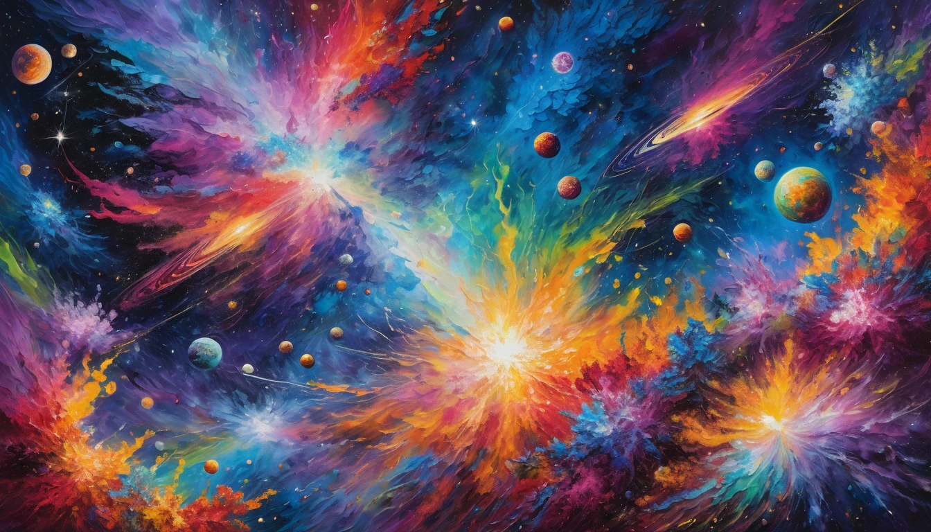 Vibrant, hyper-textured acrylic painting of a space painting bursting with intensely bright vivid colored galaxies and nebulae in a vertical composition, ultra impasto brushstrokes, Monet-inspired, dreamy ambiance, planetary abundance, intricate details