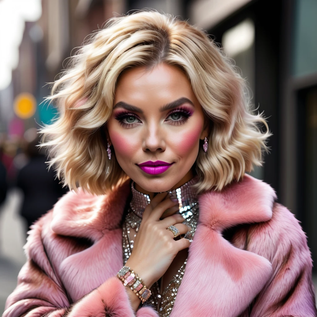 
hugely bearded woman to cheeks and neck, voluminous bob lob blonde hair, shaggy hairy hands, wears bling bling pink fur coat