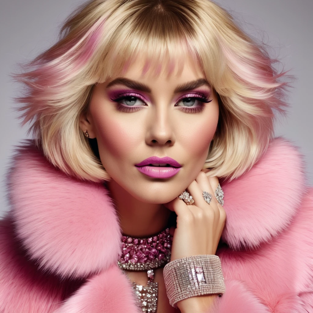 hugely bearded woman to cheeks and neck, voluminous bob lob blonde hair, shaggy hairy hands, wears bling bling pink fur coat
