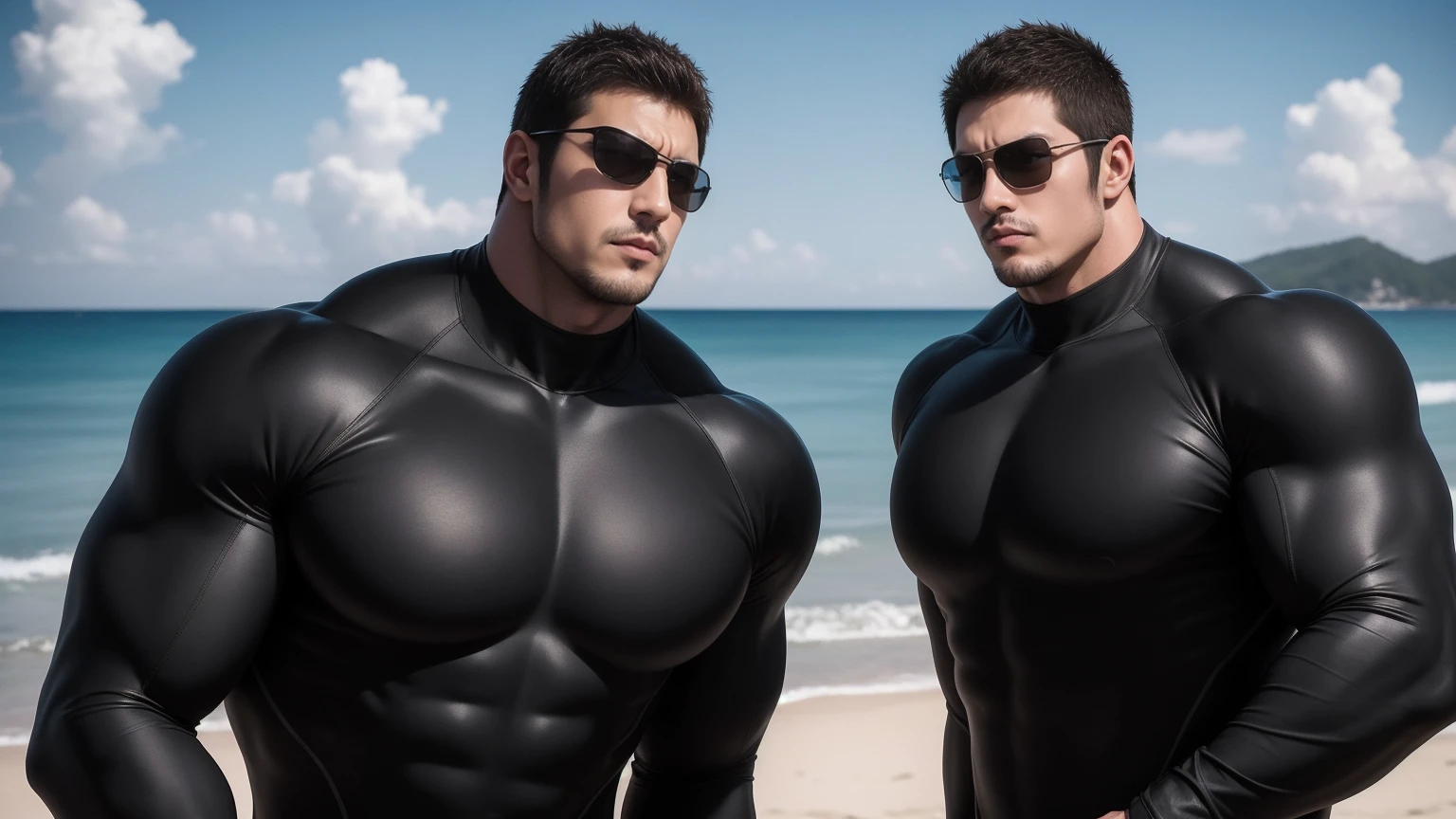 Super muscular man hugging,  They wear sunglasses，Deep gaze kiss，They embrace affectionately，short hair，Beach under the scorching sun, Wear a high-necked, long-sleeved wetsuit, Shark skin texture，Beach by the sea，beautiful landscape，The expression is arrogant, Thick thighs, messy hair, Thick thighs, High-necked long-sleeved dark yellow high-necked tights, very tight, Regular symmetrical pattern, Highlight muscles, Police uniform pants, character concept（Resident Evil - chris redfield, chris redfield）A proud expression, Deep and charming eyes, Valiant male pose, tall Burly, muscular！muscular thighs, Tough Guy, Perfect facial features, High, Burly, Heqiang, Super exquisite and cool, High Resolution Committee, Attractive, The sun is blazing, Dazzling