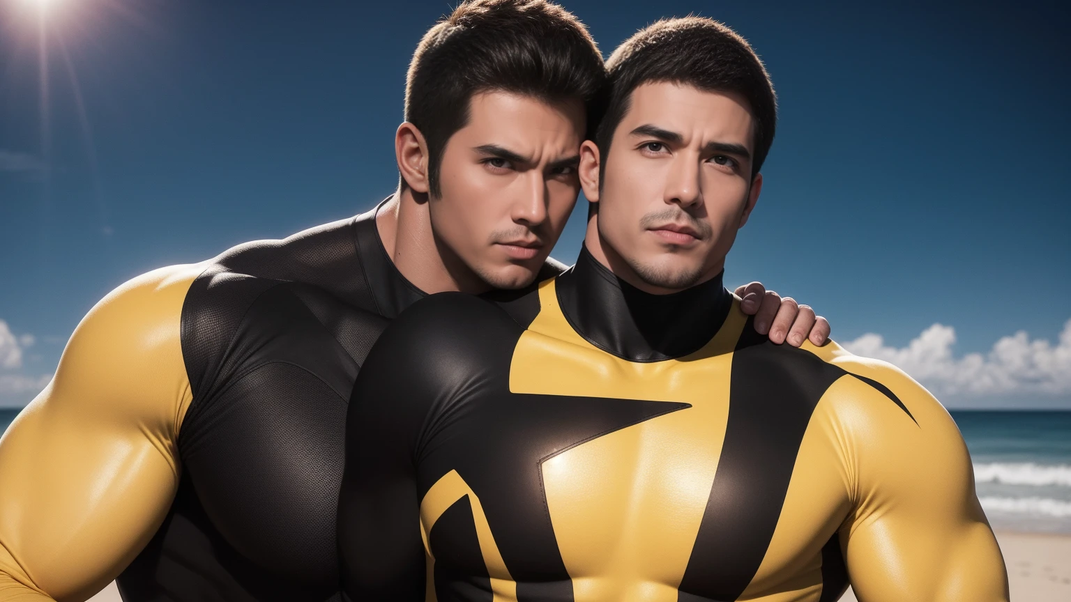Super muscular man hugging, They wear sunglasses,Deep gaze kiss,They embrace affectionately,short hair,Beach under the scorching sun, Wear a high-necked, long-sleeved wetsuit, Shark skin texture,Beach by the sea,beautiful landscape,The expression is arrogant, Thick thighs, messy hair, Thick thighs, High-necked long-sleeved dark yellow high-necked tights, very tight, Regular symmetrical pattern, Highlight muscles, Police uniform pants, character concept(Resident Evil - chris redfield, chris redfield)A proud expression, Deep and charming eyes, Valiant male pose, tall Burly, muscular!muscular thighs, Tough Guy, Perfect facial features, High, Burly, Heqiang, Super exquisite and cool, High Resolution Committee, Attractive, The sun is blazing, Dazzling