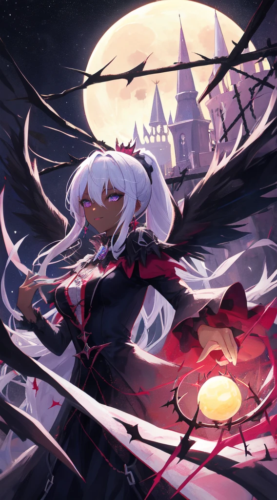 ((masterpiece, Best quality)), official art, unity 8k wallpaper, ultra detailed, Amazing dark Elf, dark Angel, mystical aura, ((Obsidian black wings)), flowy dress, dark purple, Motives, inspired by the occult, ((The Crown of Thorns)), Poisonous nightshade, fire balls, dynamic pose, Darkness is shrouded, High resolution detail, Mysterious rituals, dark atmosphere, r1ge, Crazy nothingness, sparkling eyes, Multiple Eyes, horror (topic), BREAK, Very detailed (dark Elf), (1 Girl), One, perfect face, Eye Details, ponytail, blunt bangs, (hair between eyes), White hair, Purple eyes, fantasy art from Artgerm, from Kawasi, from Vadim Kashin,BREAK, eyelashes, eyeshadow, pink eyeshadow, (dark skin:1.2), flagrant, mysterious smile, medium breasts, BREAK, extremely detailed, dynamic angle, (( Moonlight)), Mystical Energy, Mysterious rituals, ((dark atmosphere)),
