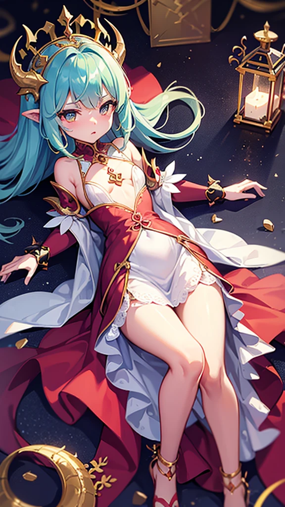 (Perfect body),Best Quality,16 K、(NSFW),((Short stature))、Teenage female、Red frills、White and red leotard、teats、(((blush)))、glares、Tsuriformes、(length hair)、(Green eyes),((Purple hair)),(Sweat)、((Big ass))、huge-breasted、(((thick thighs)))、Armpits、Dark Western-style room、sitting on、Hands behind the head、spreading legs、natta、Lamp Light、front-facing view、Cowboy Shot