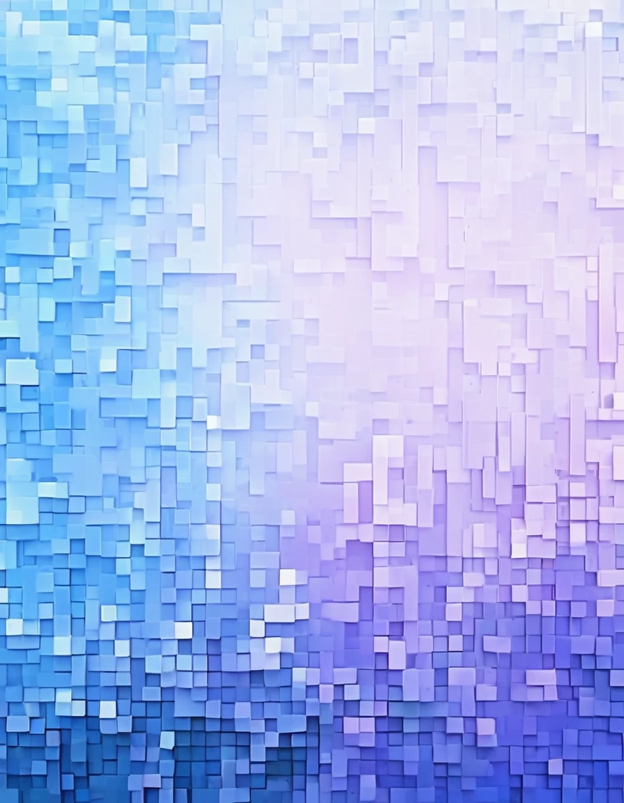 Blue gradient color dissolves beautiful pixel wall&#39;head，3D Voxel Blocks，A structure that was initially intact but gradually disintegrated in the air，Sunlight shines through the hollowed-out，Background Universe