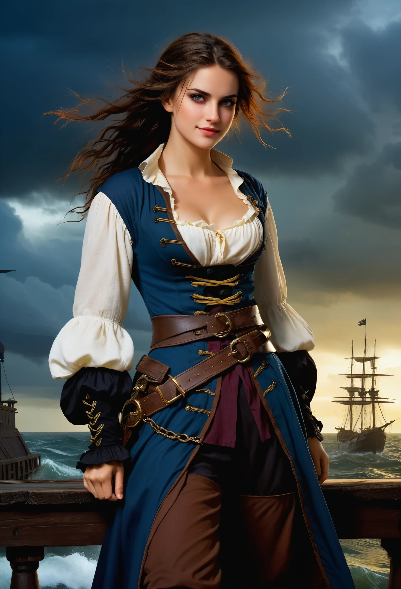 A young pirate captain stands defiantly at the edge of a weathered dock, her long, combed hair whipping wildly in the stormy wind. The empty dock stretches out before her, dark and foreboding. Her smile plays on her lips, a sly, closed-mouth smirk that hints at mischief. The curve of her medium-sized breasts is subtly accentuated by the fabric of her pirate attire. As she gazes out into the tempestuous night, her eyes seem to hold a secret, her spirit unbroken despite the turmoil surrounding her.